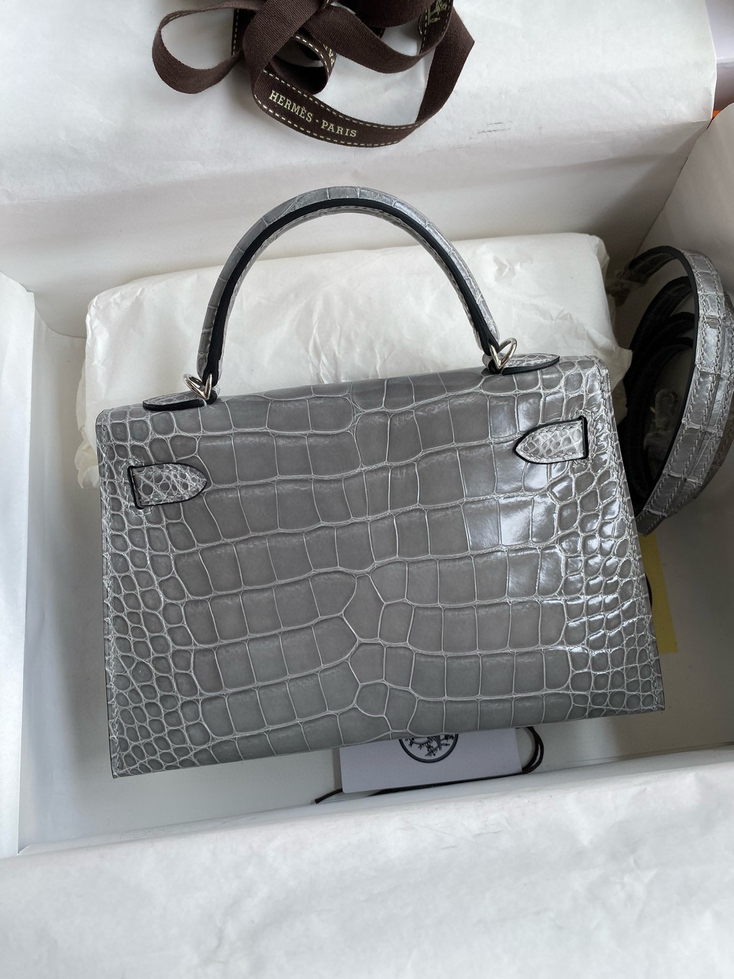 Hermes Kelly Mini II Sellier Handmade Bag in Gris Ciment Shiny Alligator Leather