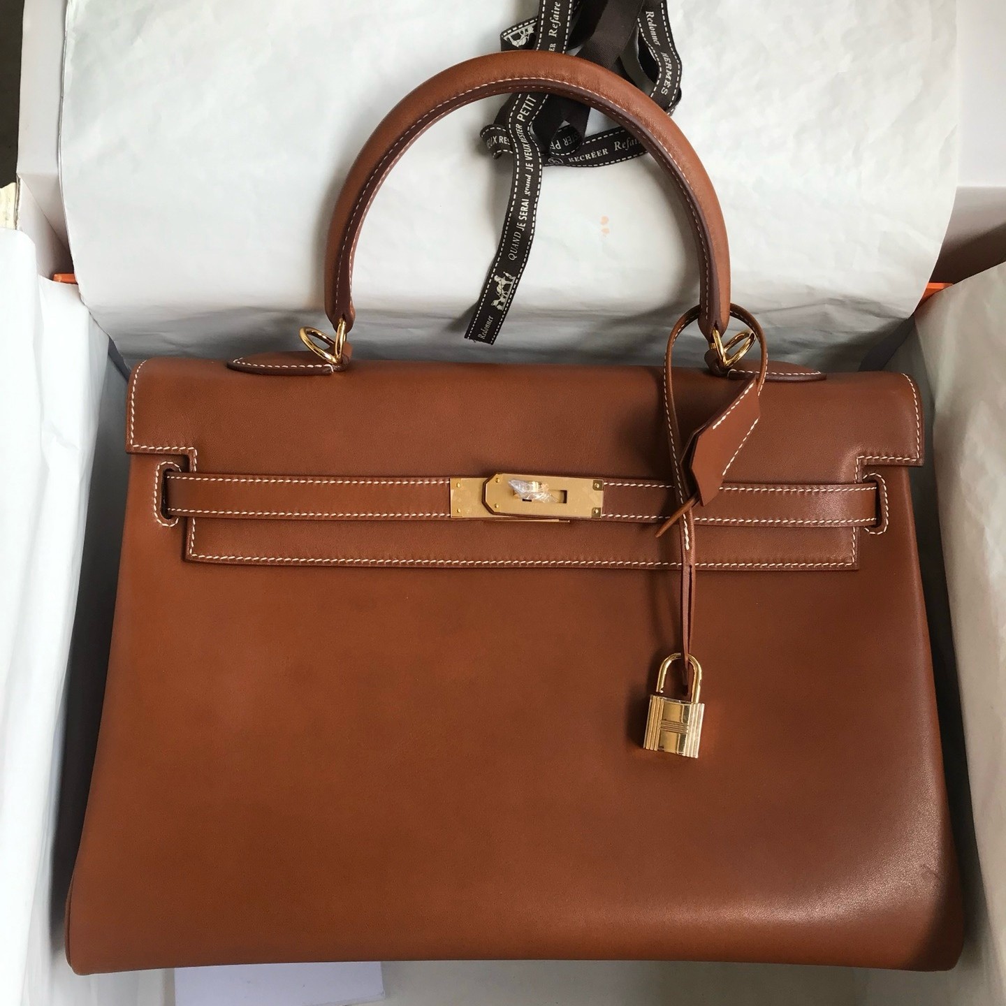 Hermes Kelly Retourne 35 Handmade Bag in Gold Barenia Calfskin