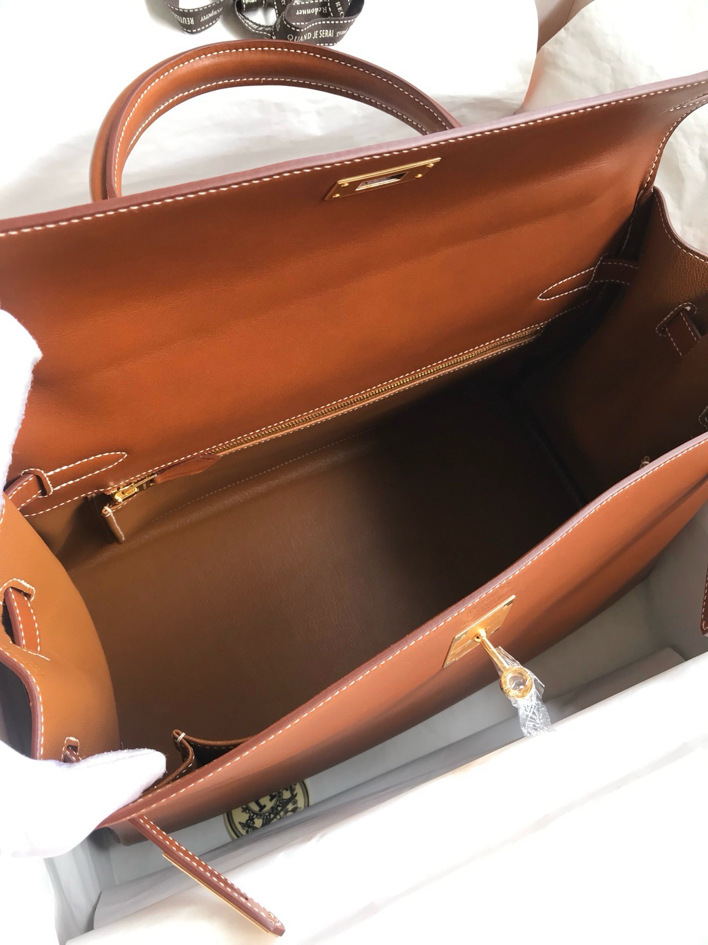 Hermes Kelly Retourne 35 Handmade Bag in Gold Barenia Calfskin