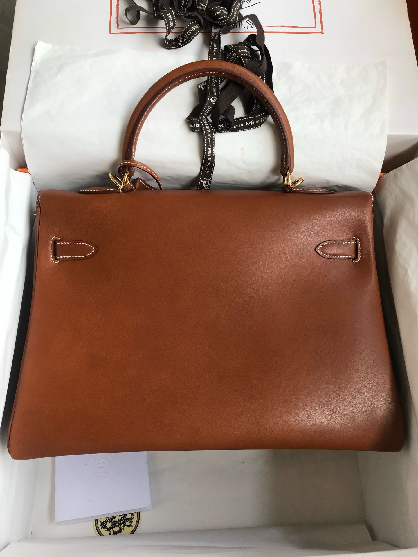 Hermes Kelly Retourne 35 Handmade Bag in Gold Barenia Calfskin