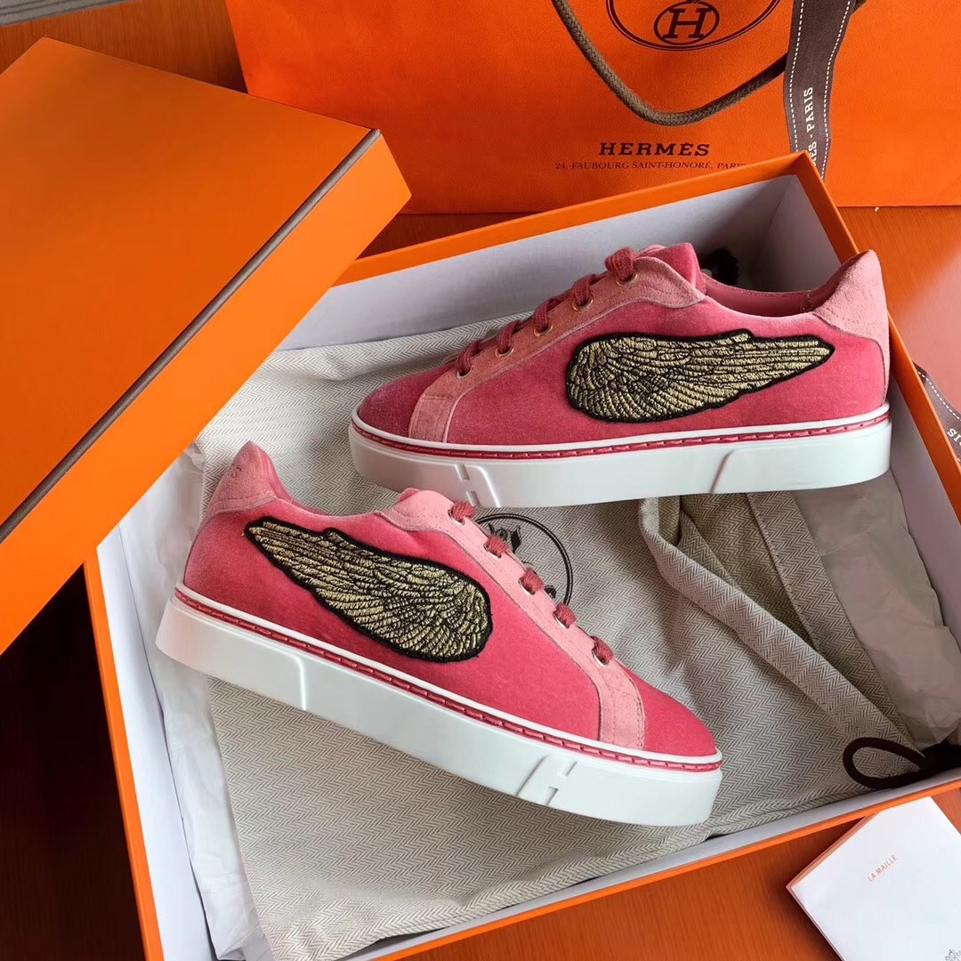 Hermes Velvet Sneakers In Pink Velvet With Embroidered Wing Patch