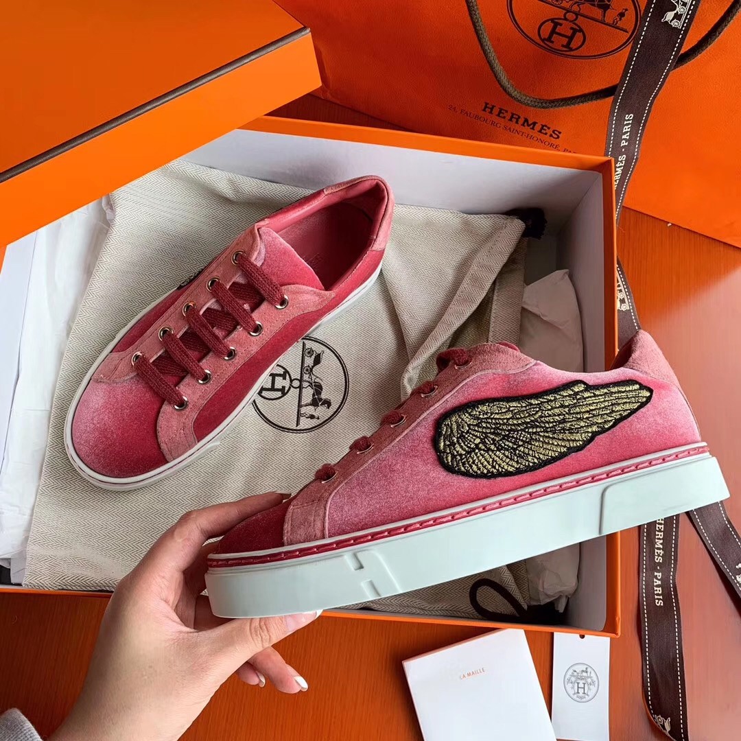 Hermes Velvet Sneakers In Pink Velvet With Embroidered Wing Patch