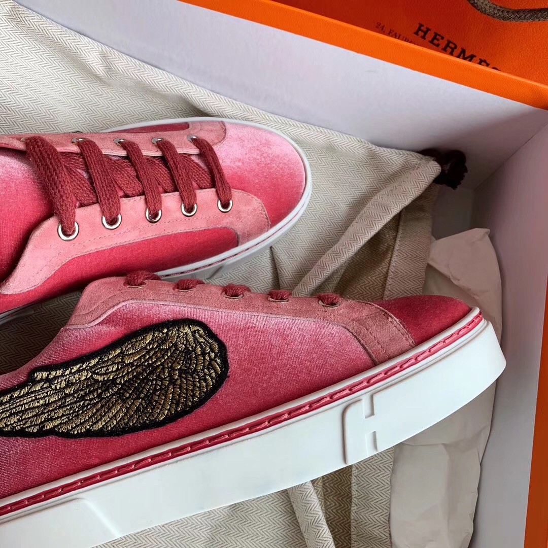 Hermes Velvet Sneakers In Pink Velvet With Embroidered Wing Patch