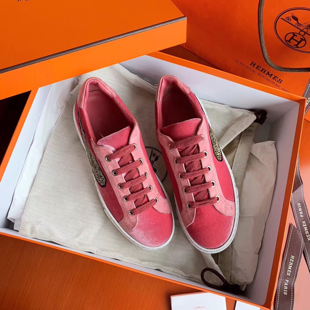 Hermes Velvet Sneakers In Pink Velvet With Embroidered Wing Patch