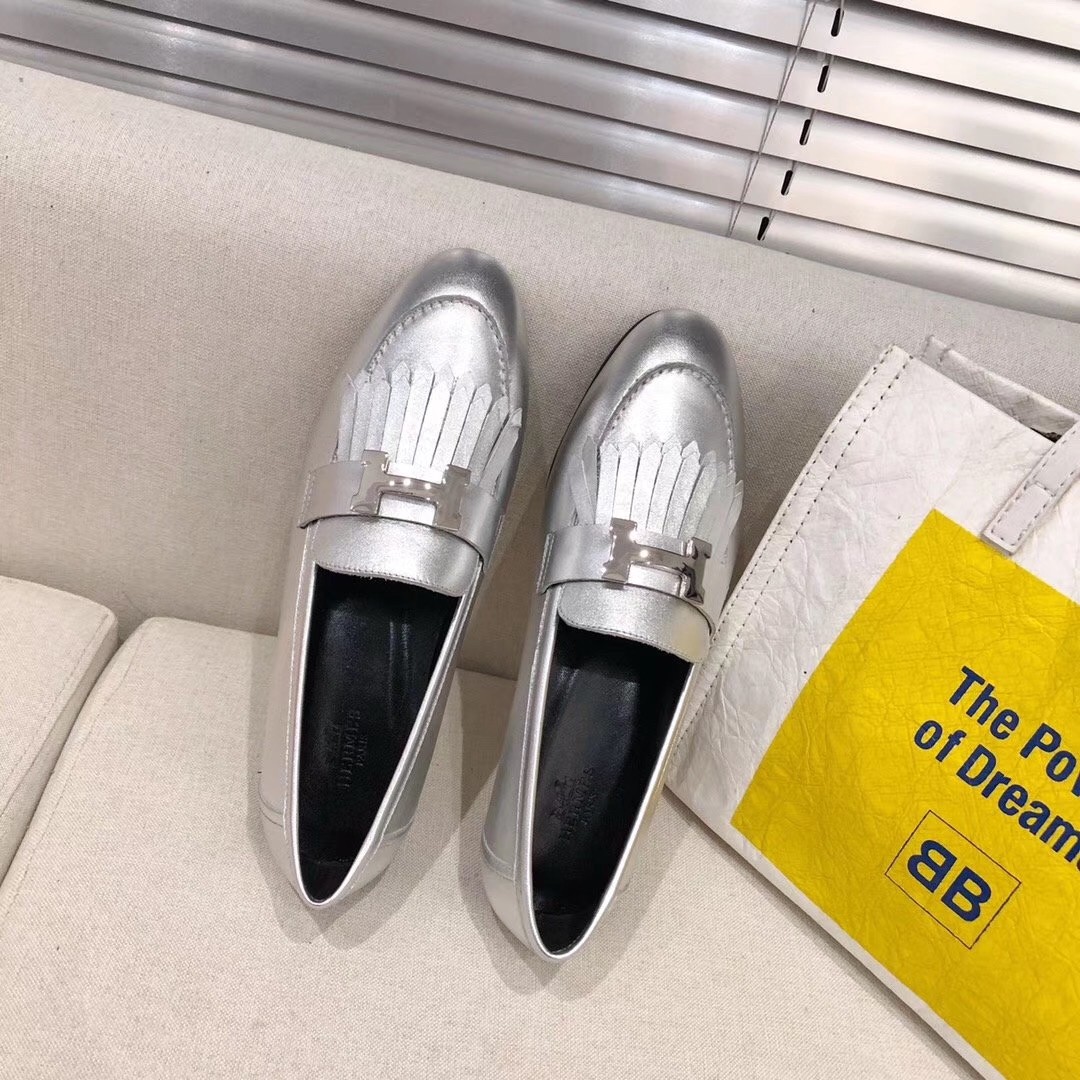 Hermes Royal Loafers In Silver Metallic Lambskin