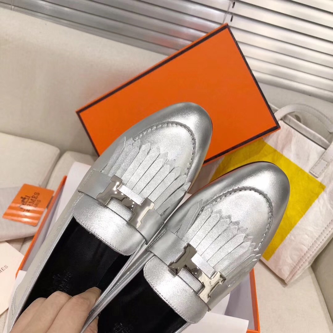 Hermes Royal Loafers In Silver Metallic Lambskin