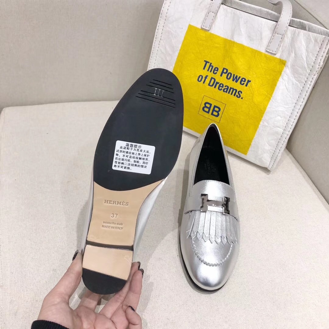 Hermes Royal Loafers In Silver Metallic Lambskin