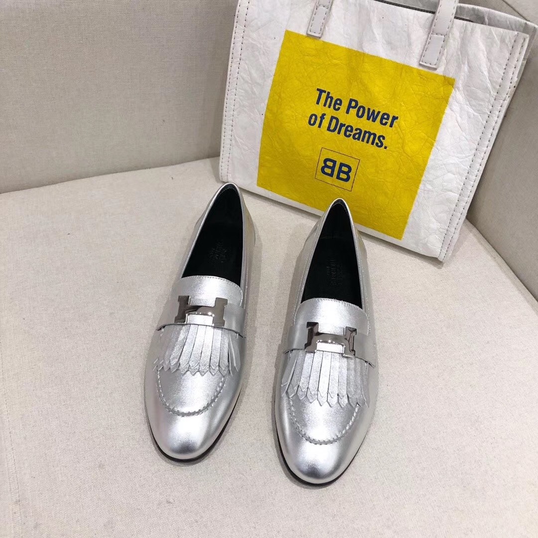 Hermes Royal Loafers In Silver Metallic Lambskin