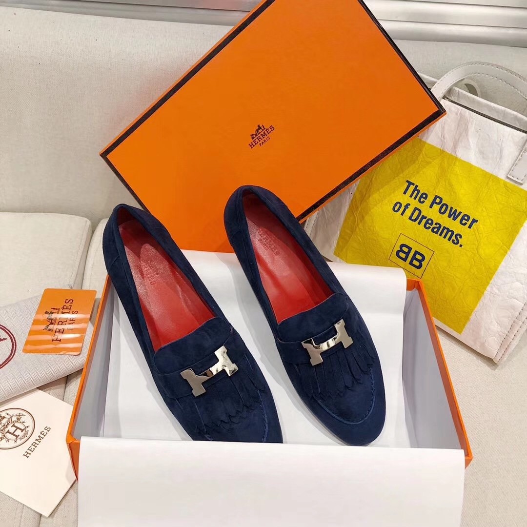 Hermes Royal Loafers In Blue Suede Leather