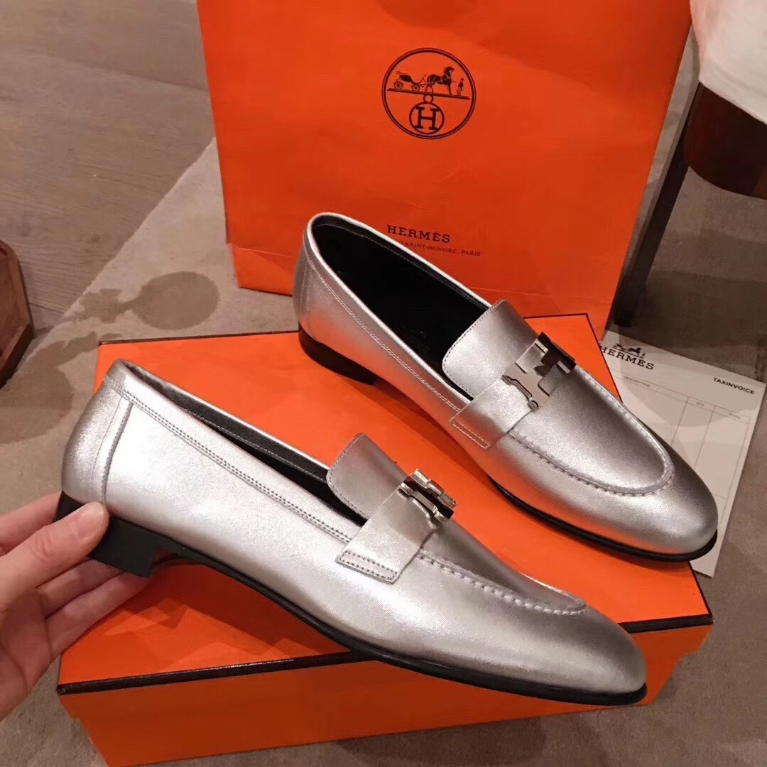 Hermes Paris Loafers In Silver Metallic Goatskin