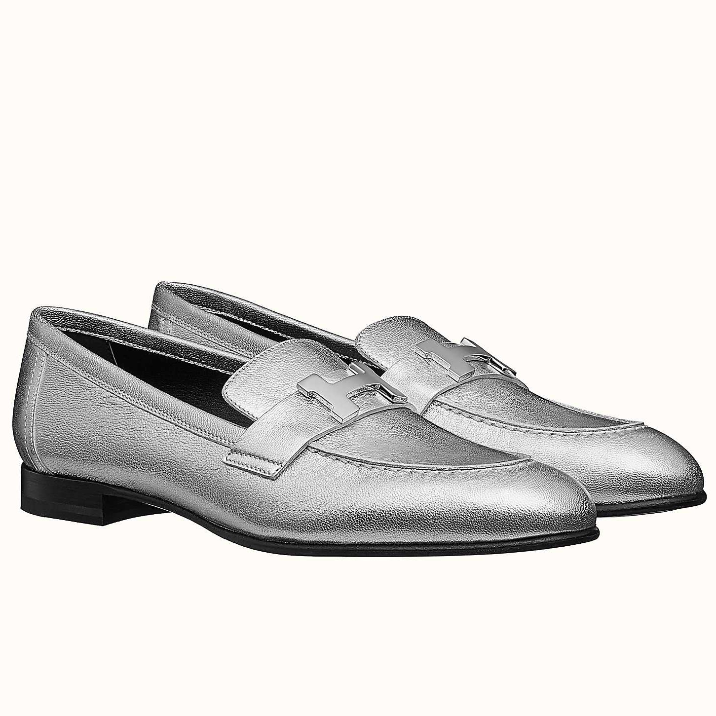 Hermes Paris Loafers In Silver Metallic Goatskin