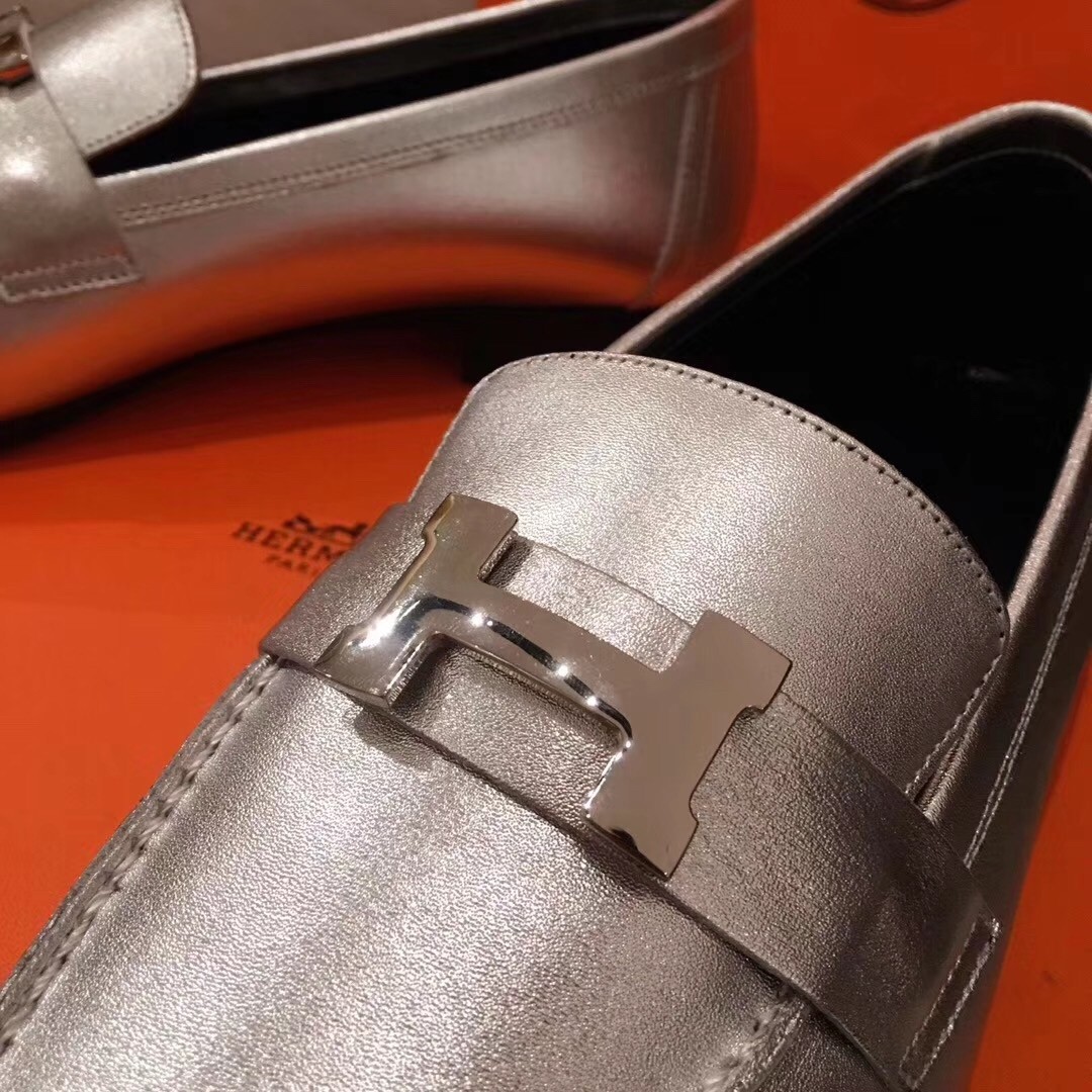 Hermes Paris Loafers In Silver Metallic Goatskin