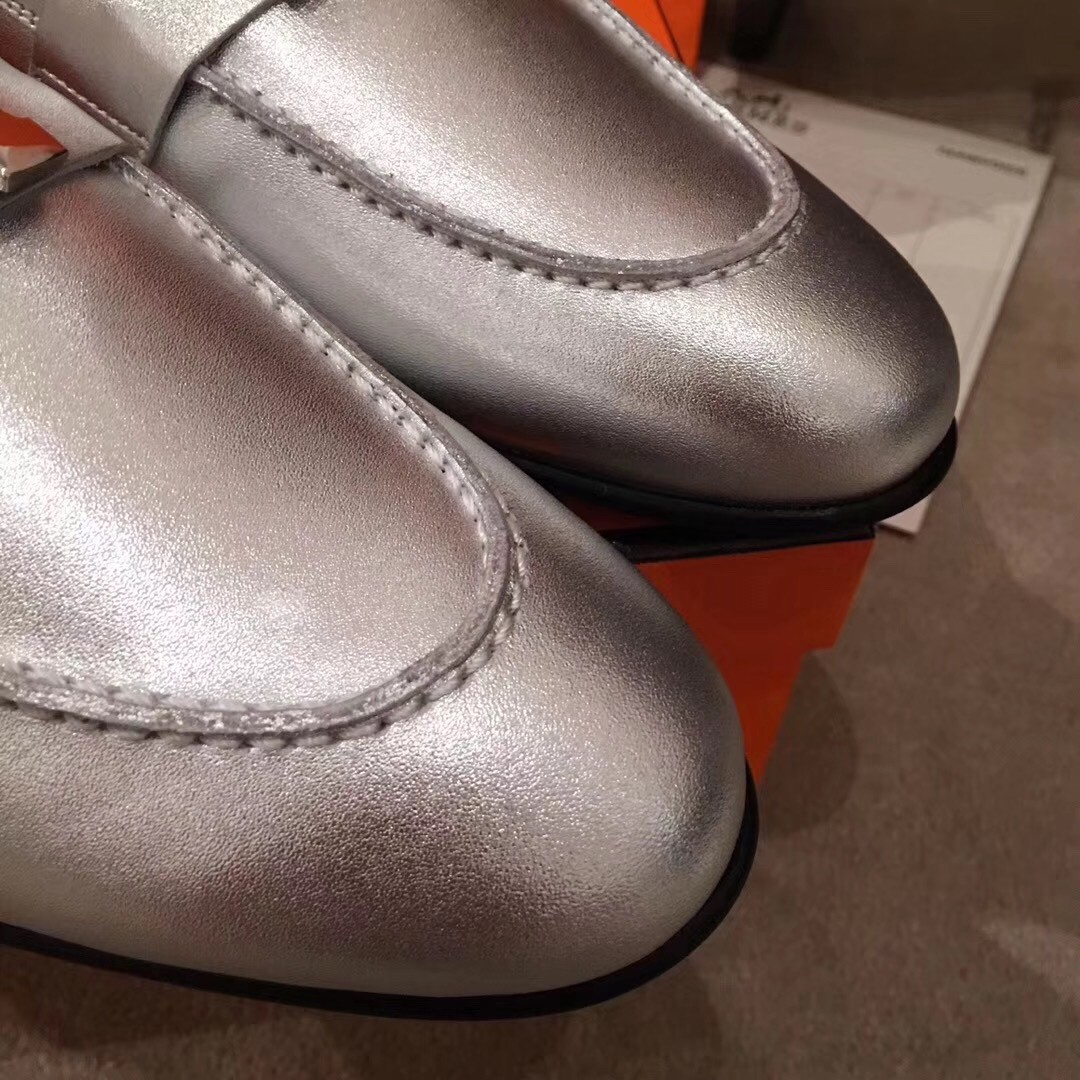 Hermes Paris Loafers In Silver Metallic Goatskin