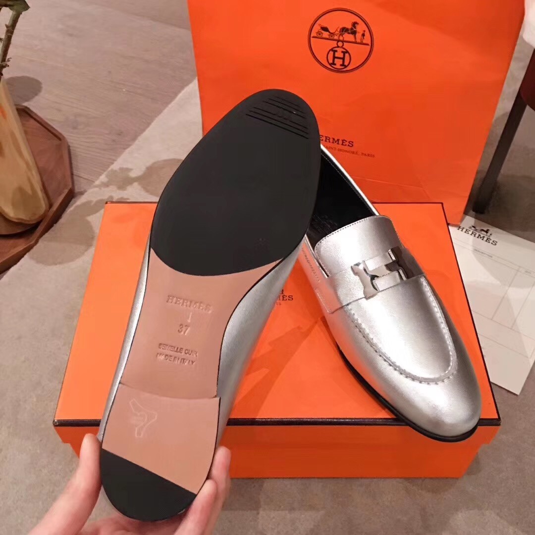 Hermes Paris Loafers In Silver Metallic Goatskin