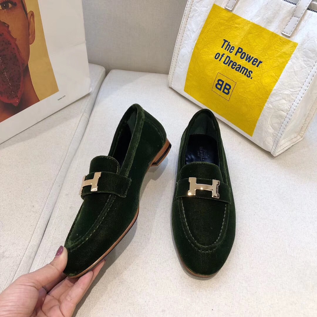 Hermes Paris Loafers In Dark Green Velvet