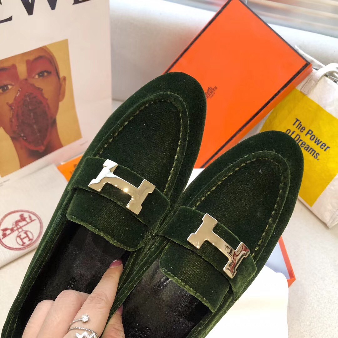 Hermes Paris Loafers In Dark Green Velvet