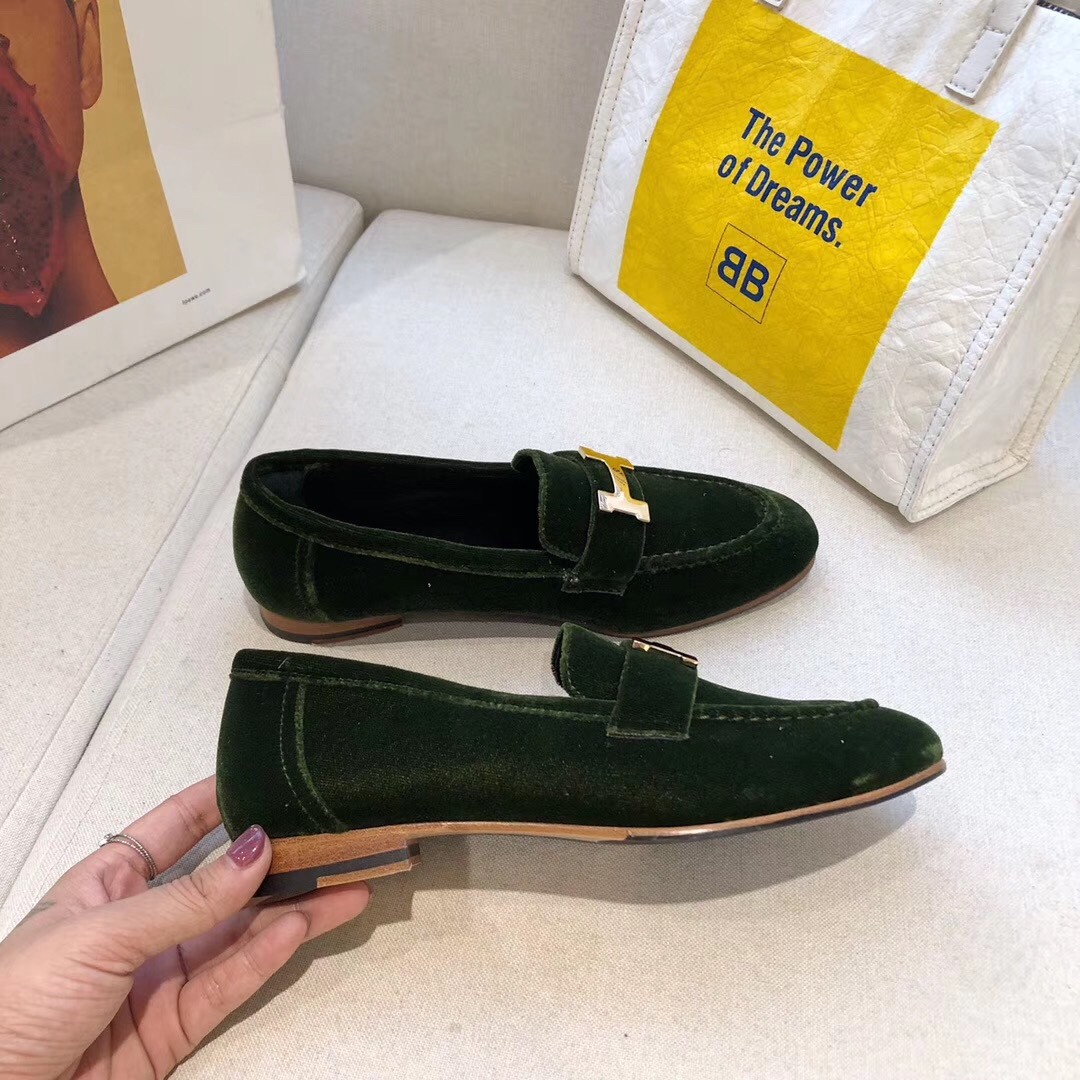 Hermes Paris Loafers In Dark Green Velvet