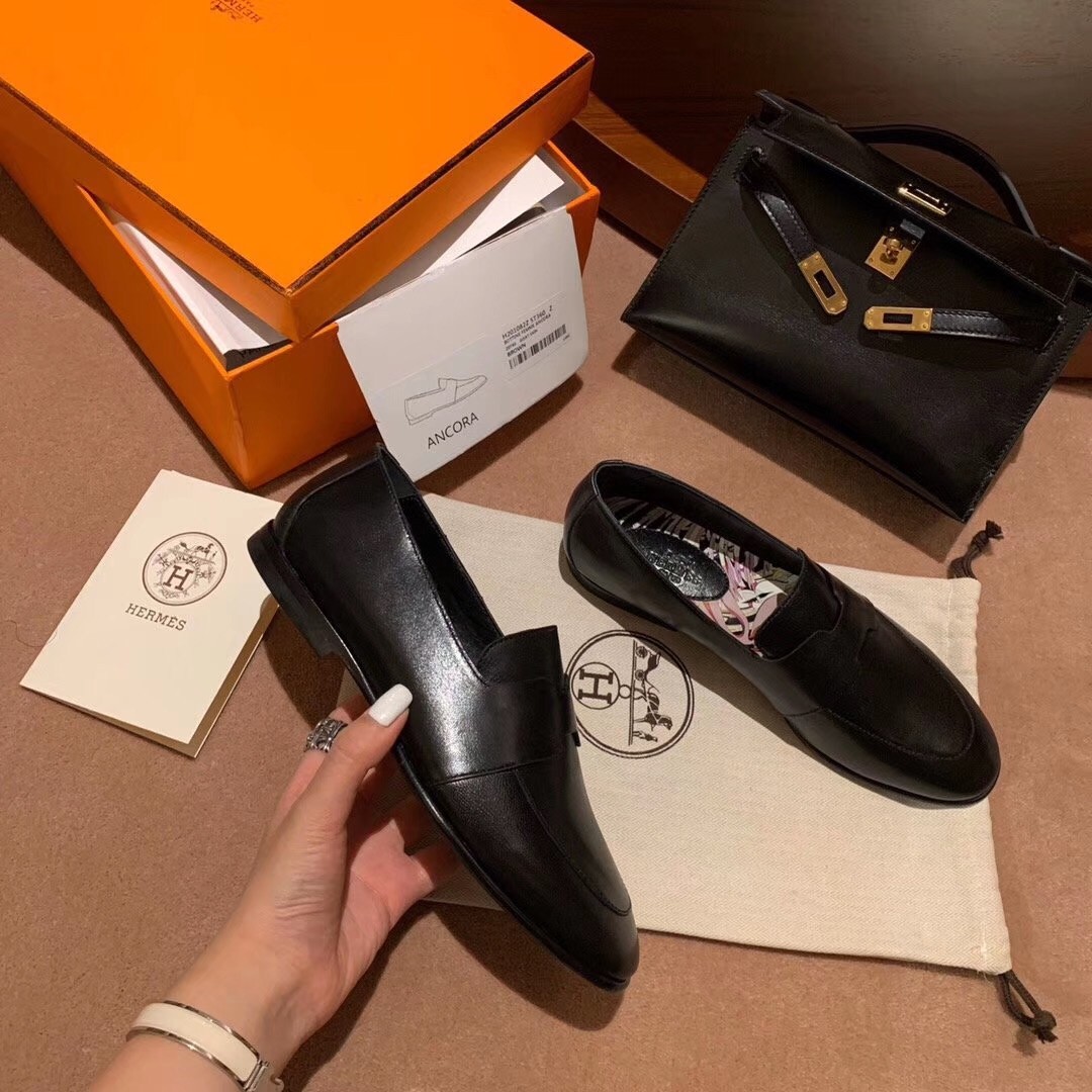 Hermes Ancora Loafers In Black Goatskin