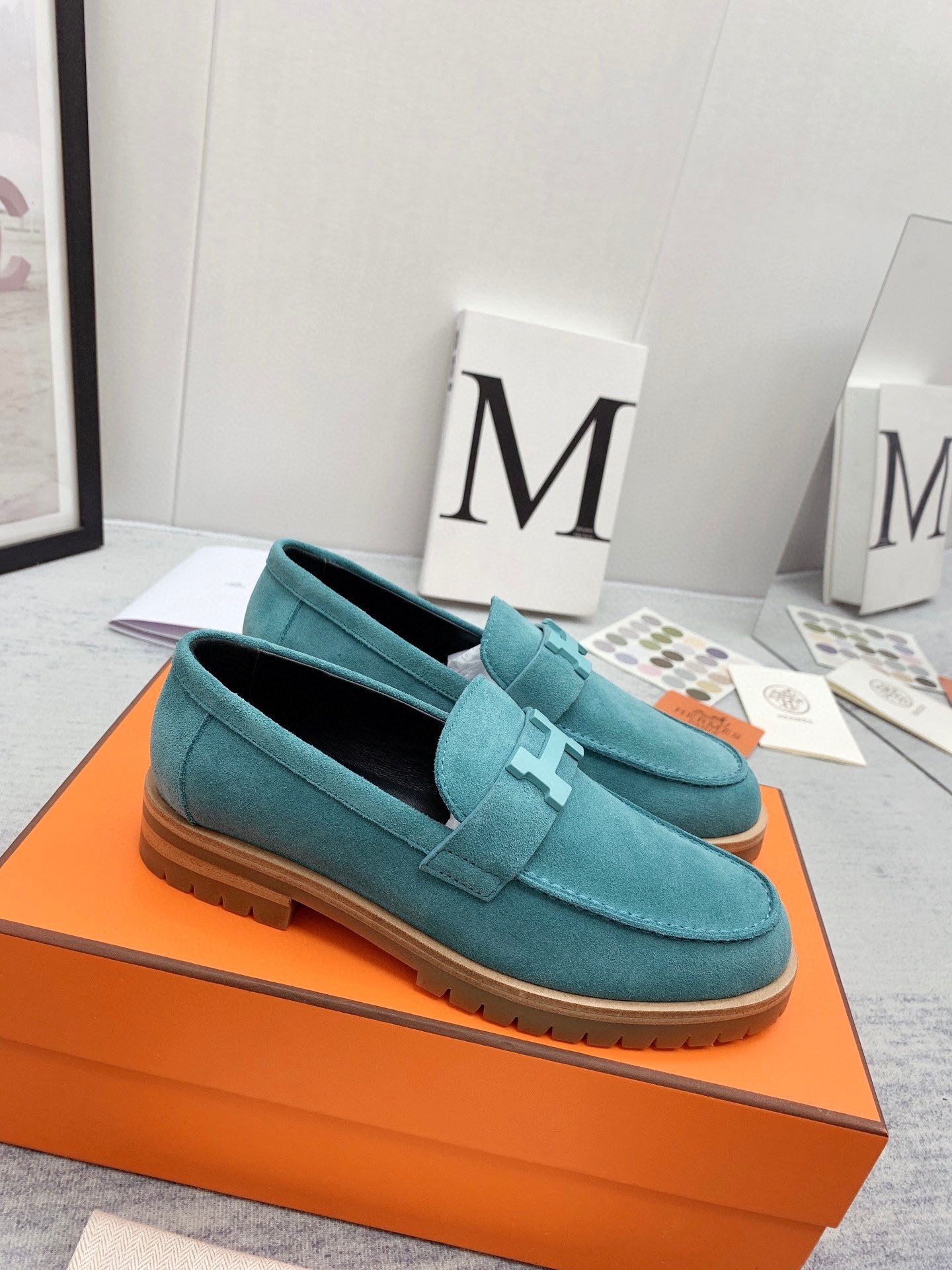 Hermes Women's Faubourg Loafers in Blue Suede Leather