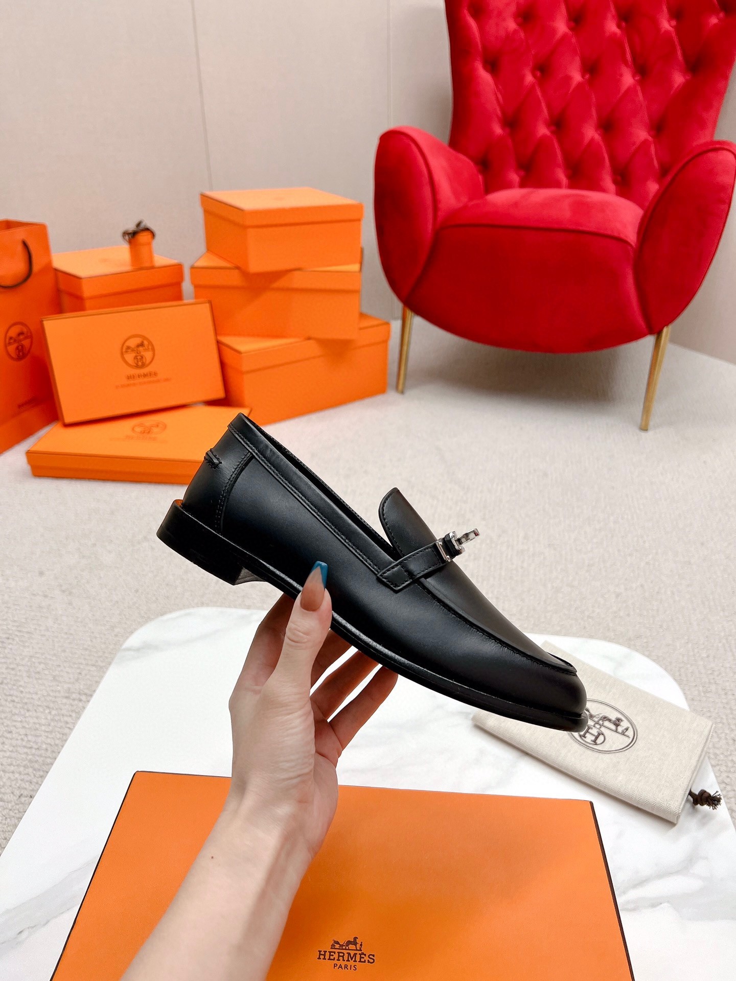 Hermes Women's Destin Loafers in Black Leather