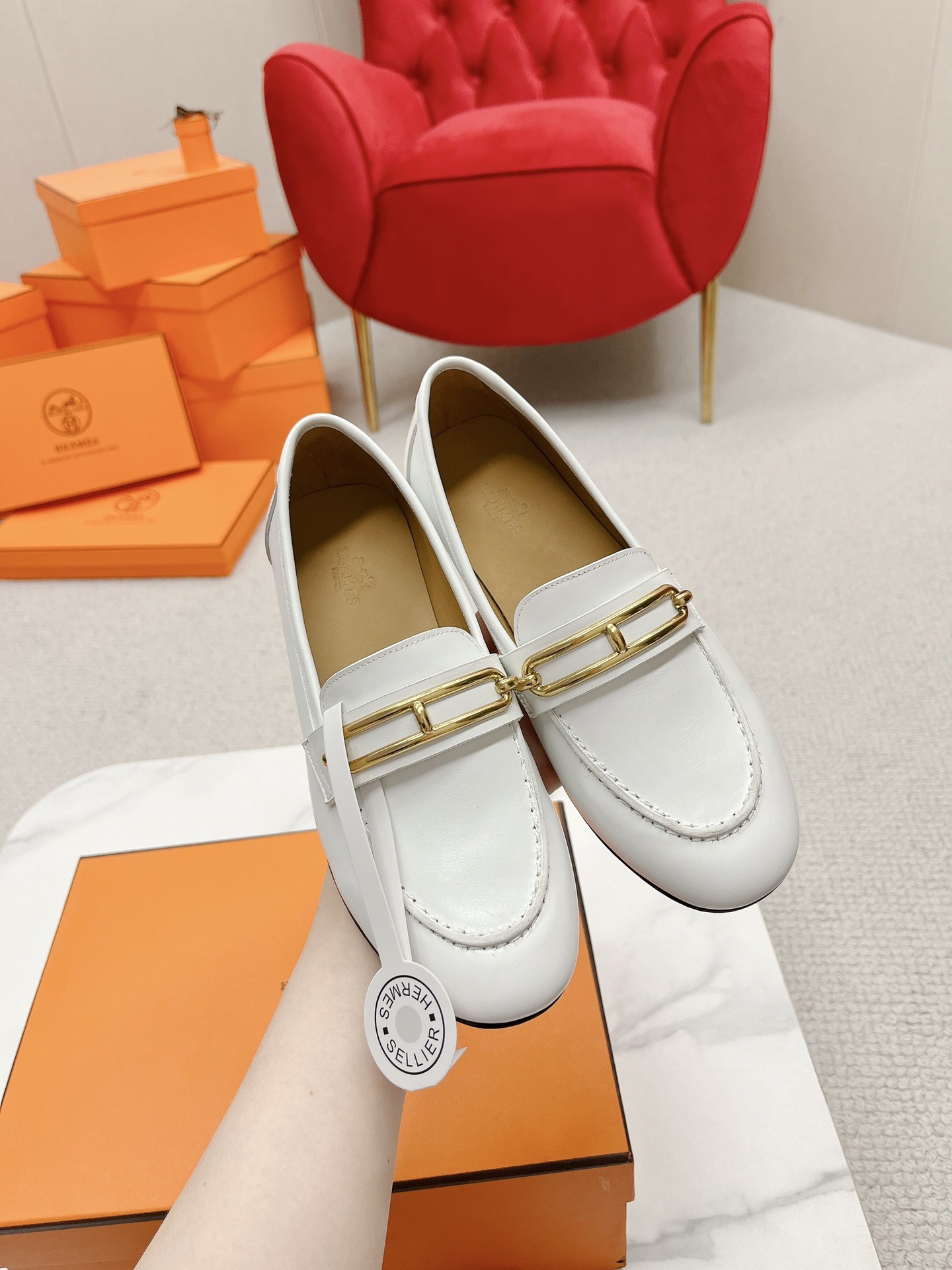 Hermes Women's Colette Loafers in White Leather