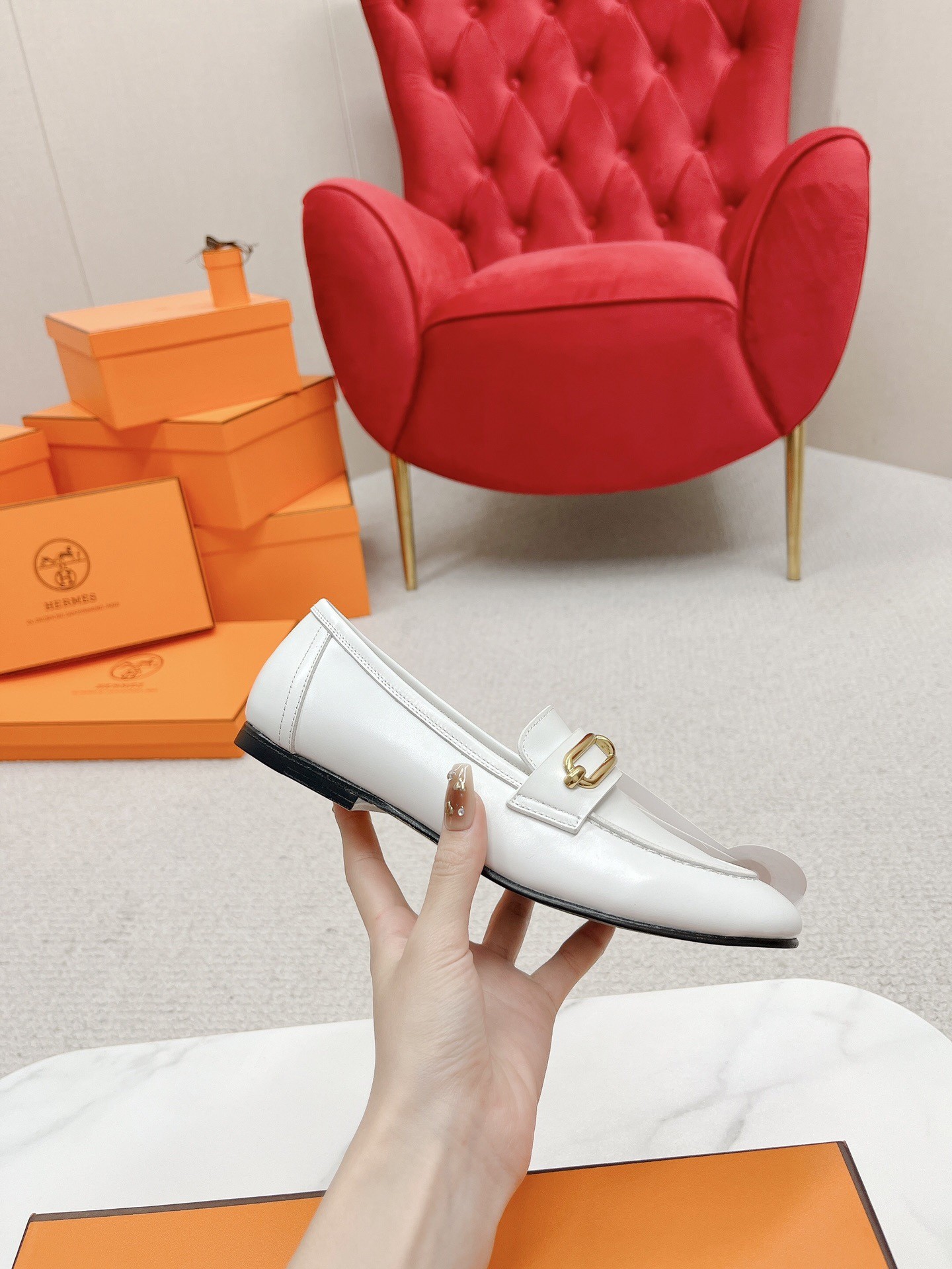 Hermes Women's Colette Loafers in White Leather