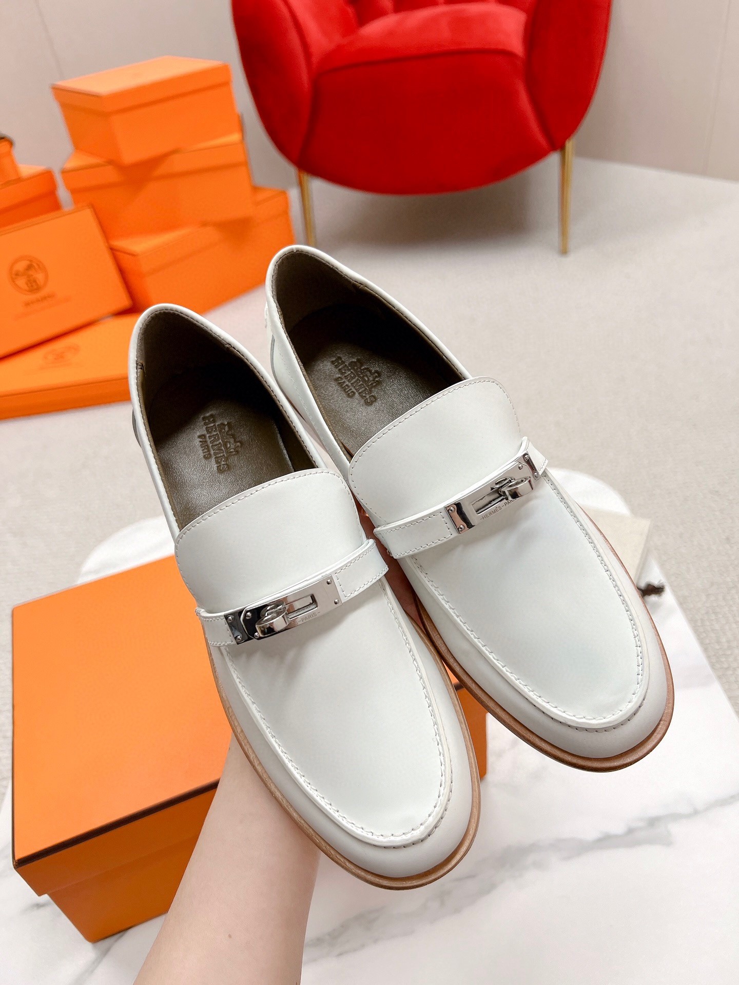 Hermes Women's Destin Loafers in White Leather