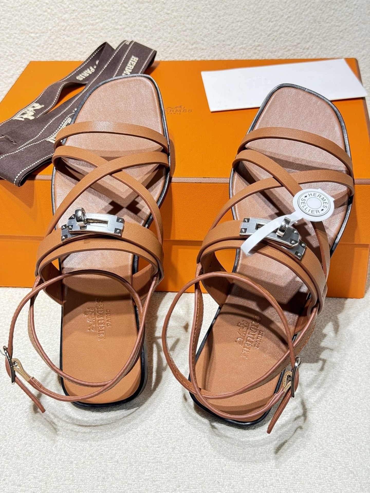 Hermes June Sandals in Brown Leather