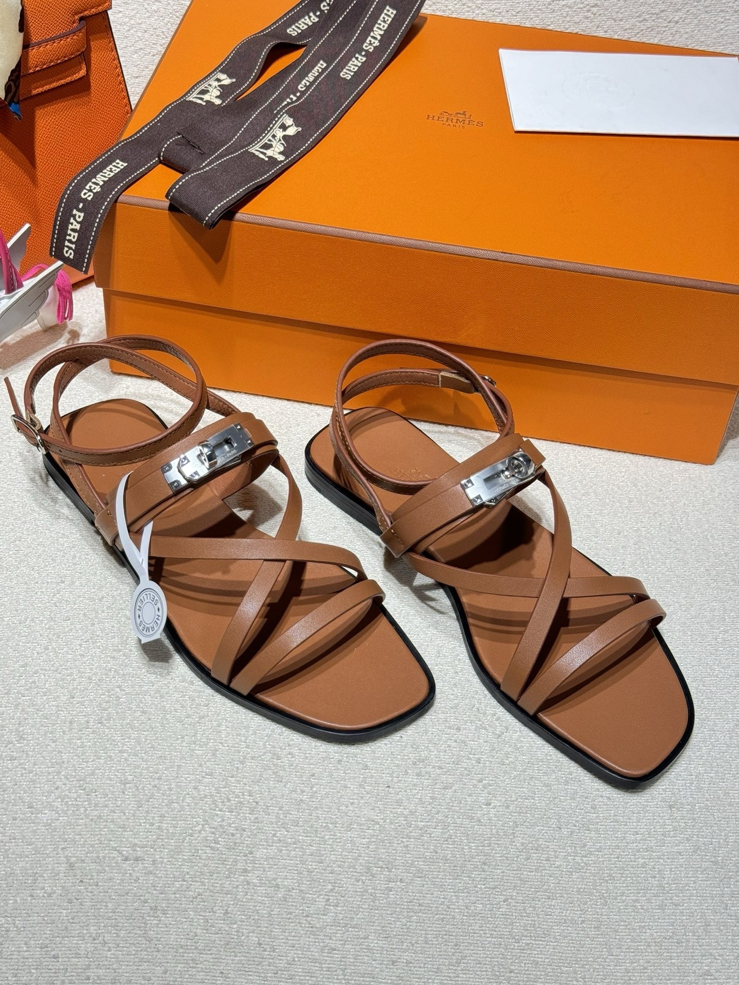 Hermes June Sandals in Brown Leather