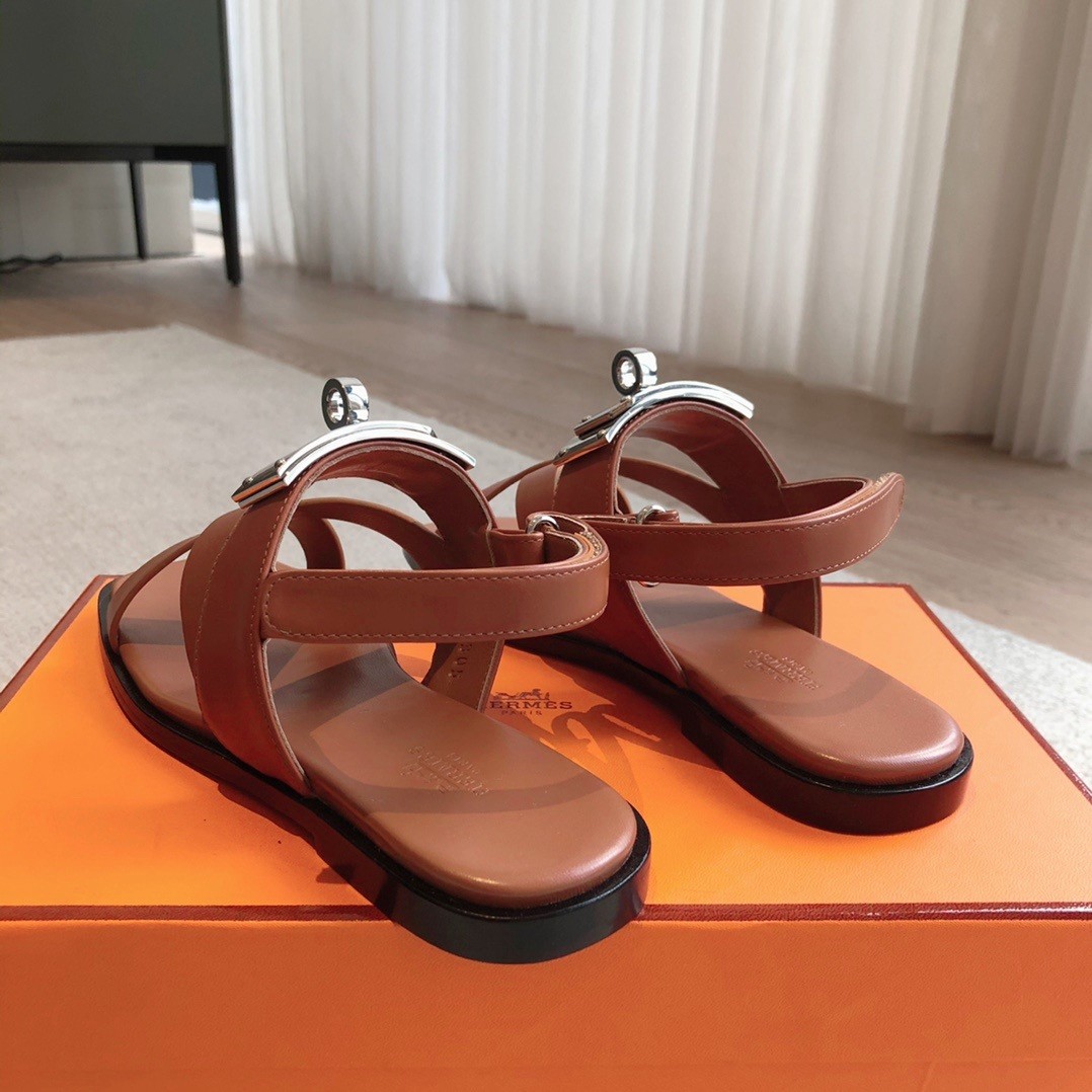 Hermes Women's Ines Sandals in Brown Leather