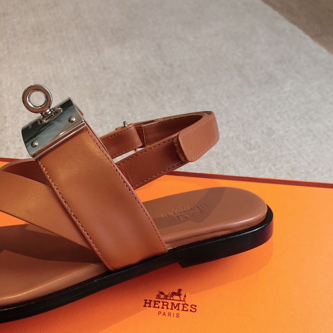 Hermes Women's Ines Sandals in Brown Leather