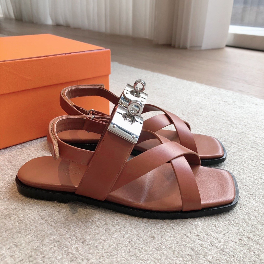 Hermes Women's Ines Sandals in Brown Leather