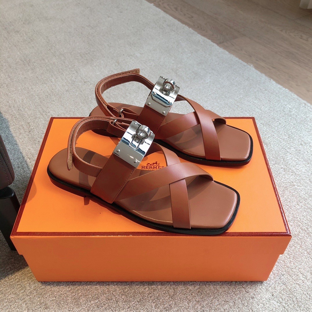 Hermes Women's Ines Sandals in Brown Leather