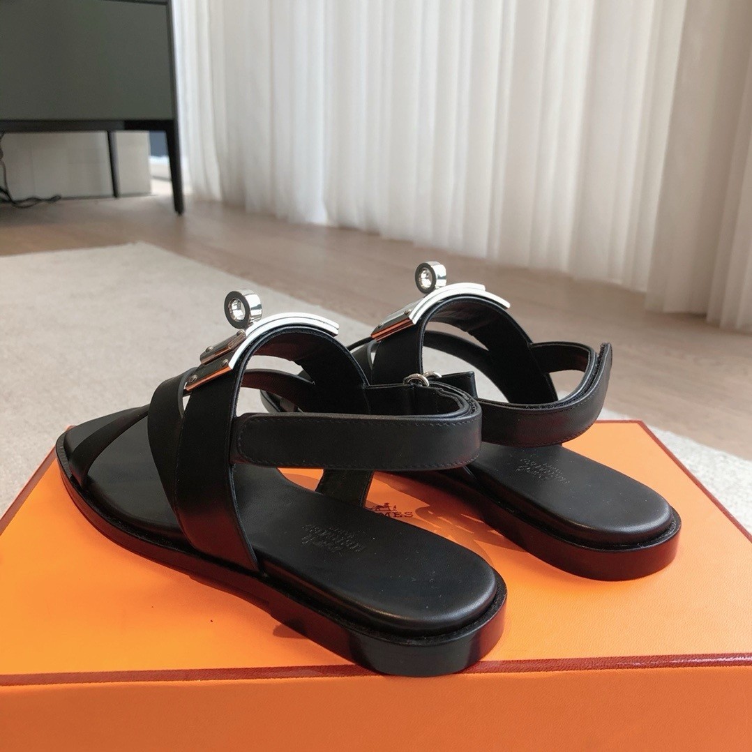 Hermes Women's Ines Sandals in Black Leather