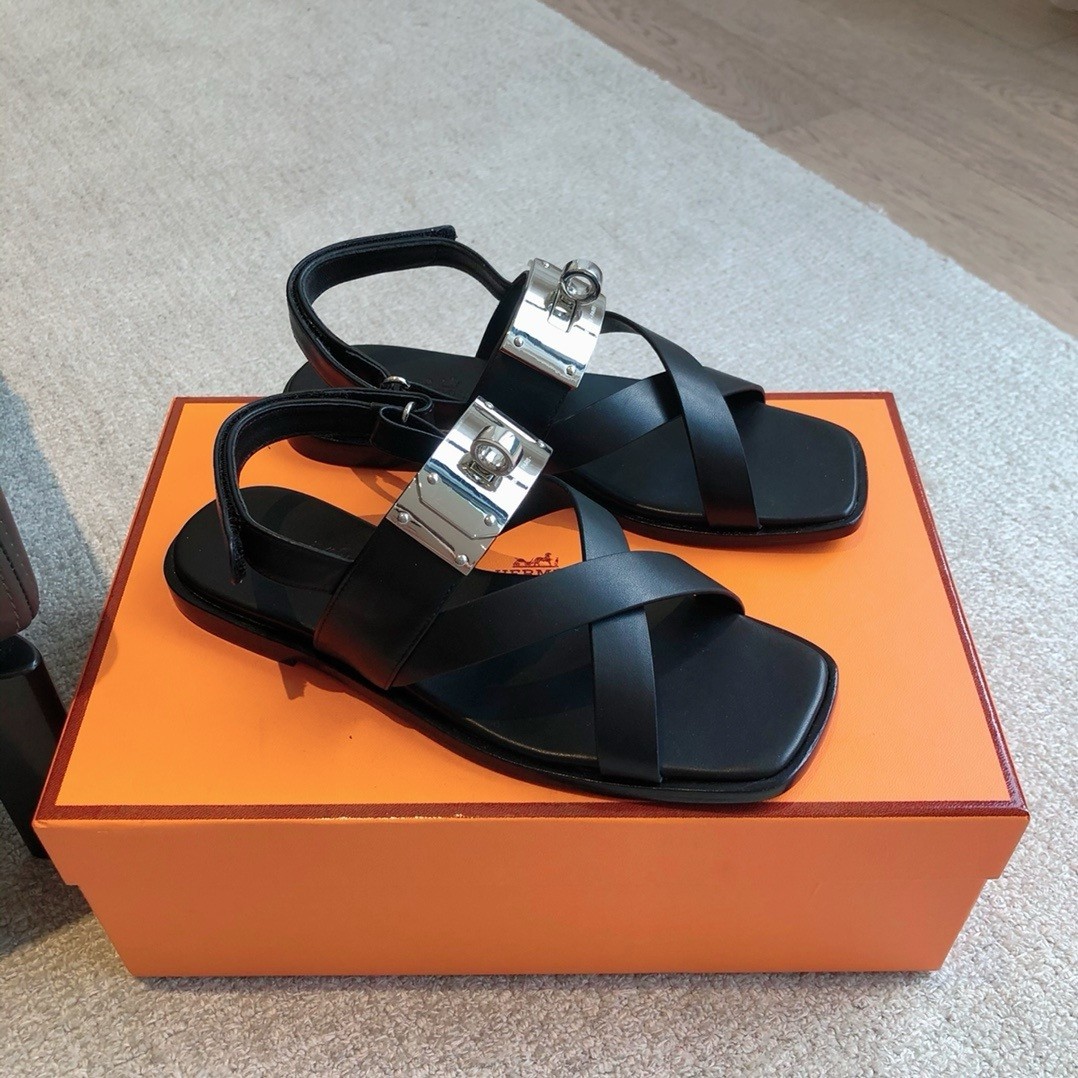 Hermes Women's Ines Sandals in Black Leather