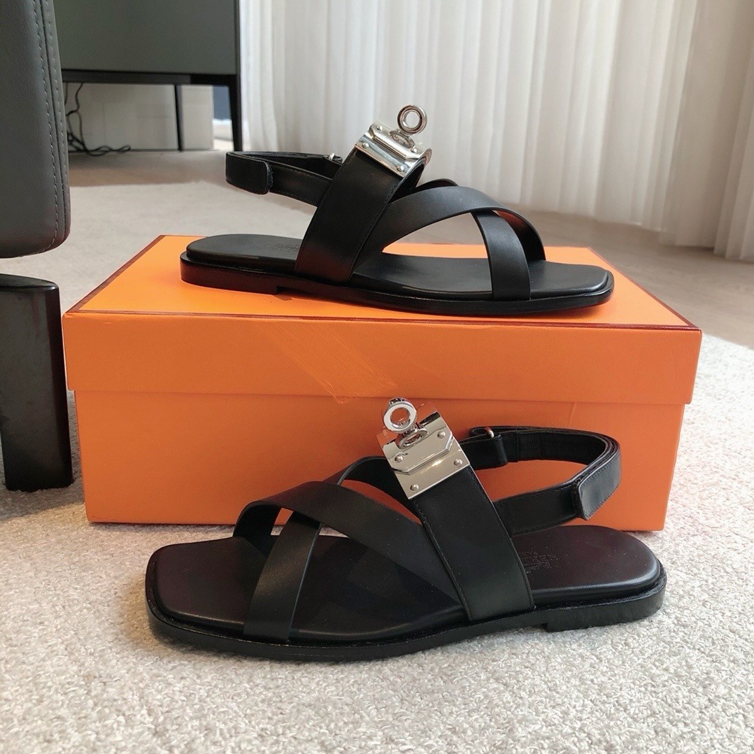 Hermes Women's Ines Sandals in Black Leather