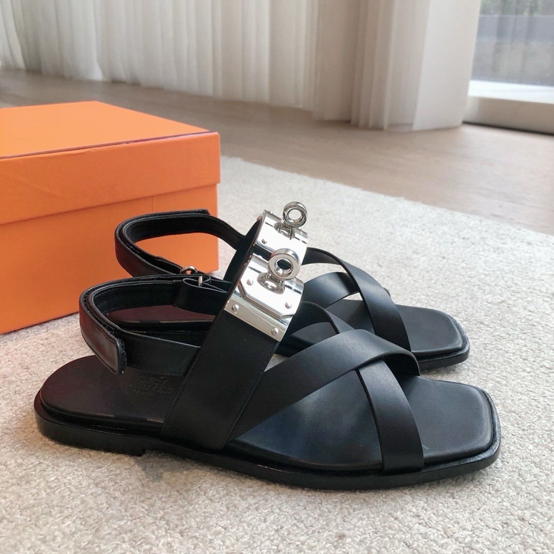 Hermes Women's Ines Sandals in Black Leather