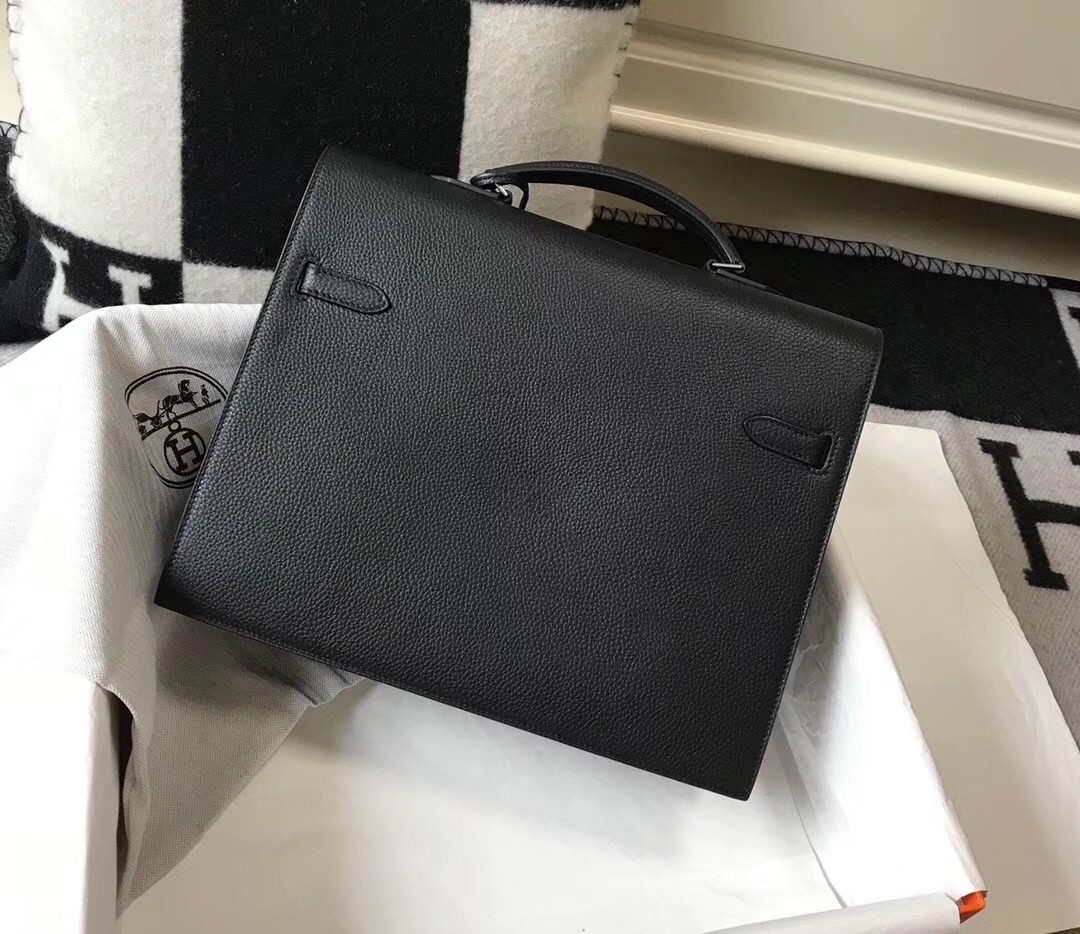 Hermes Kelly Depeche 34 Briefcase In Black Calfskin