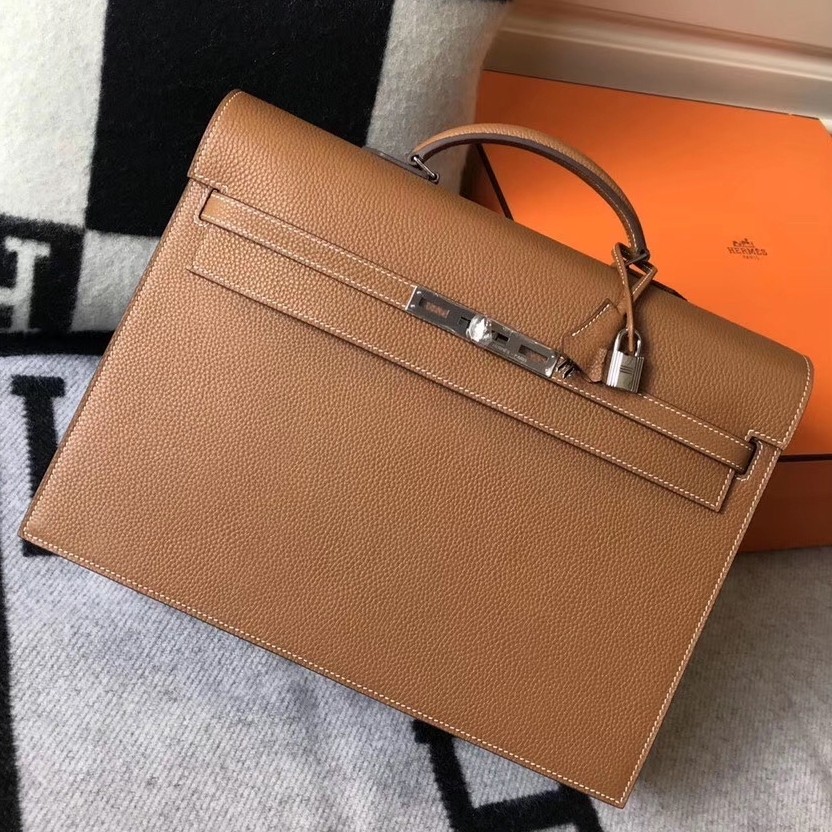 Hermes Kelly Depeche 38 Briefcase In Brown Calfskin