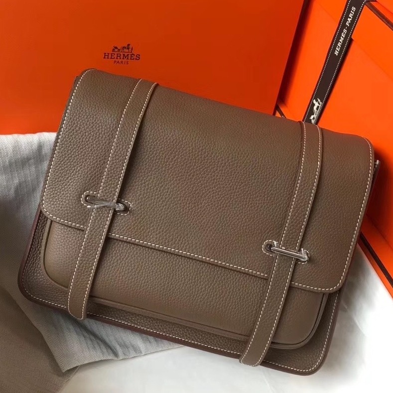 Hermes Steve 35 Messenger Bag In Taupe Clemence Calfskin