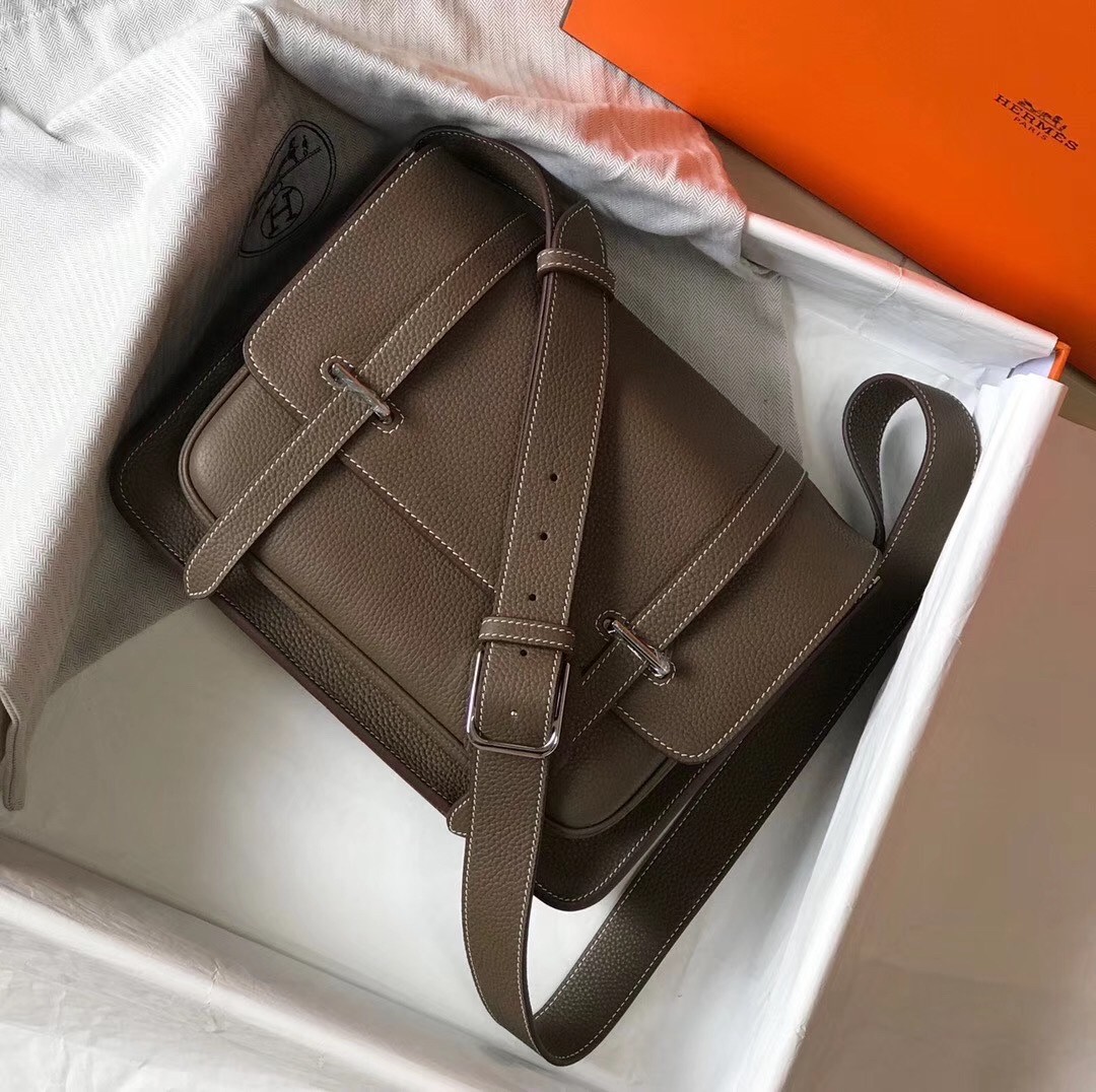 Hermes Steve 35 Messenger Bag In Taupe Clemence Calfskin