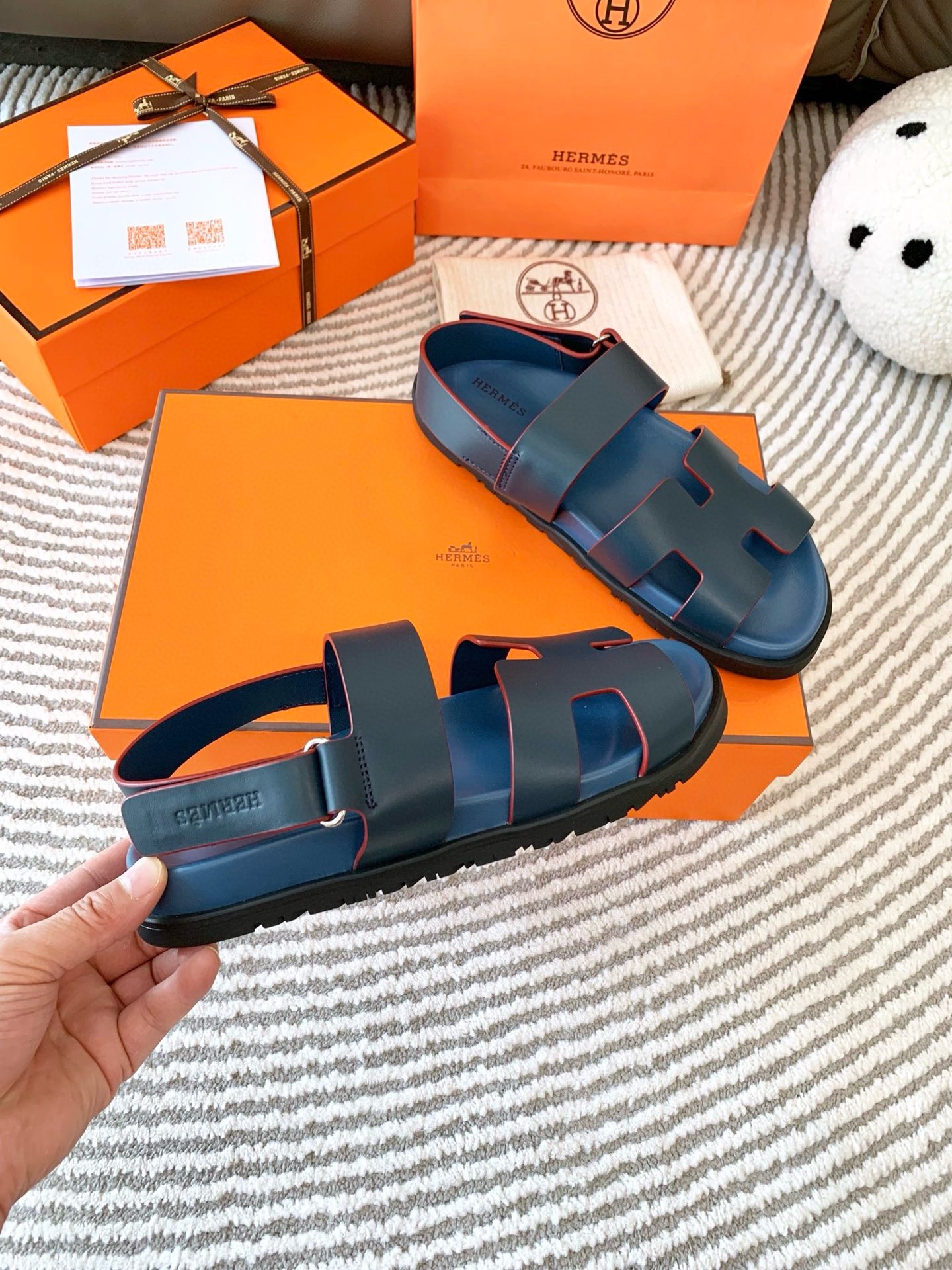 Hermes Men's Genius Sandals In Blue Calfskin