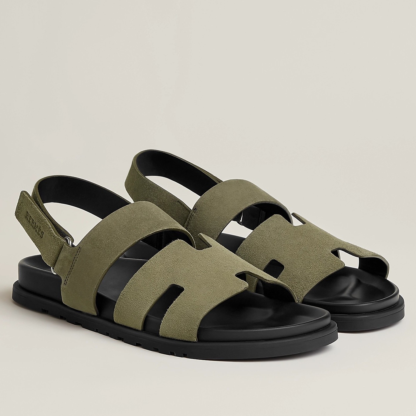 Hermes Men's Genius Sandals In Green Suede Calfskin