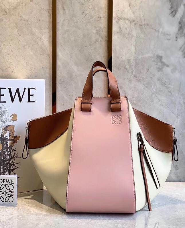 Loewe Medium Hammock Bag In Pink/Milk/Tan Calfskin