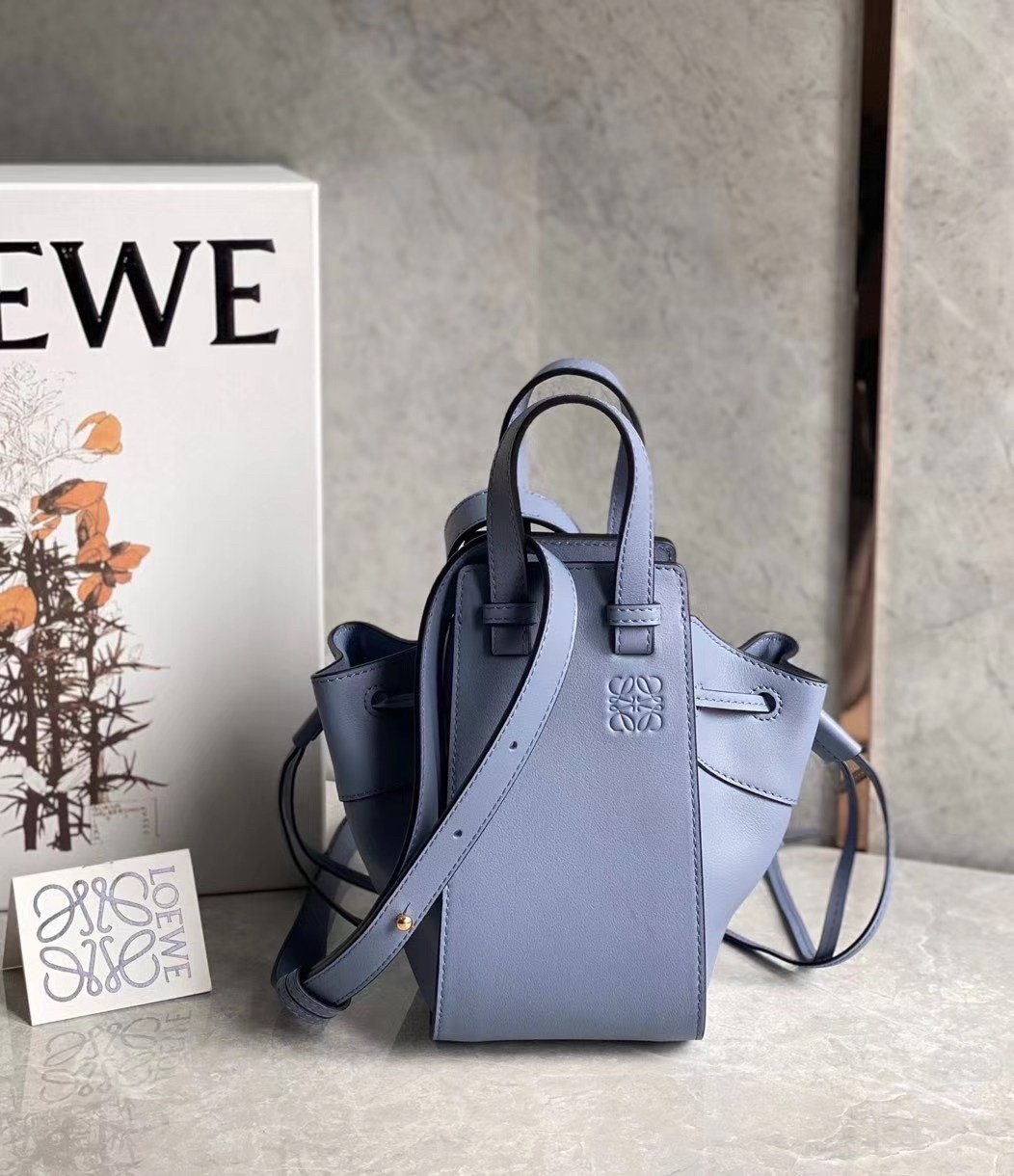 Loewe Mini Hammock Drawstring Bag In Blue Calfskin