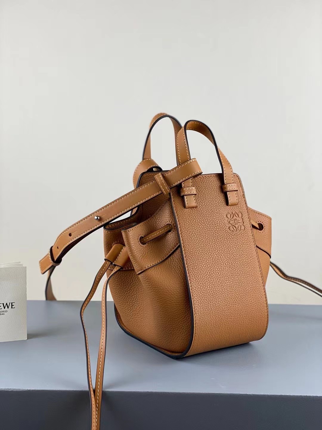 Loewe Mini Hammock Drawstring Bag In Brown Leather