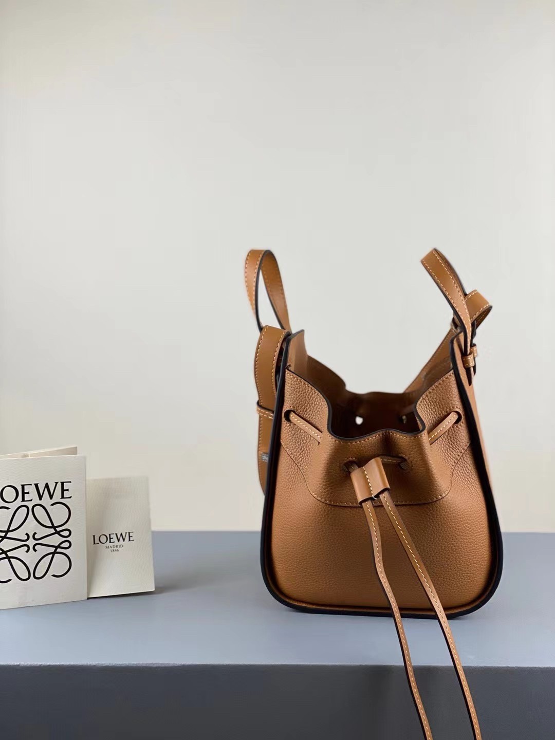 Loewe Mini Hammock Drawstring Bag In Brown Leather