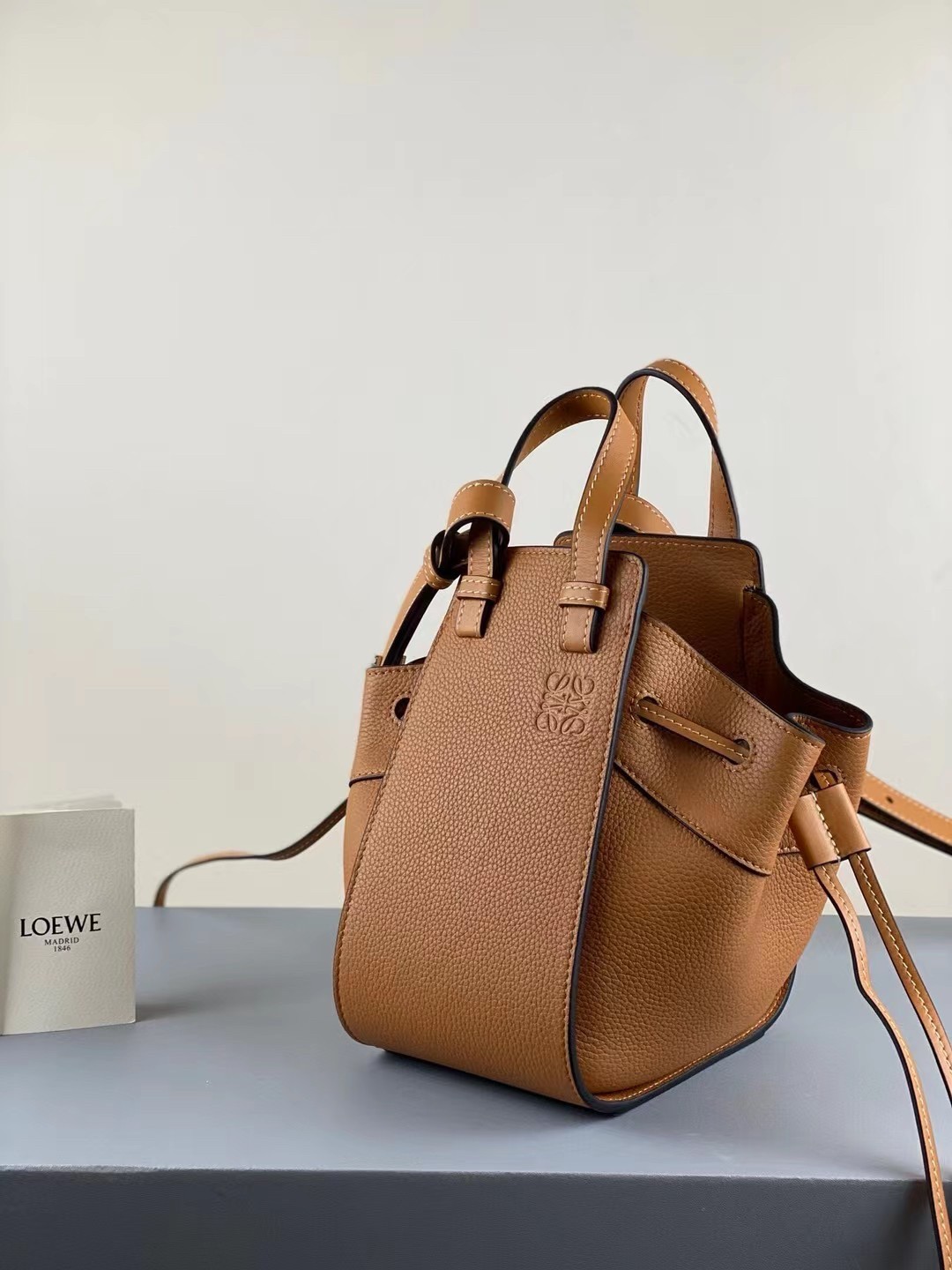 Loewe Mini Hammock Drawstring Bag In Brown Leather