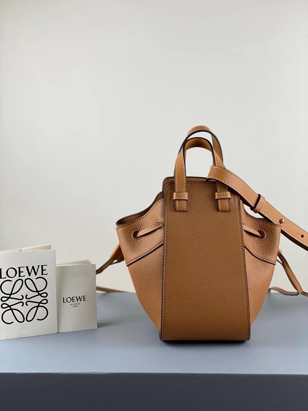 Loewe Mini Hammock Drawstring Bag In Brown Leather