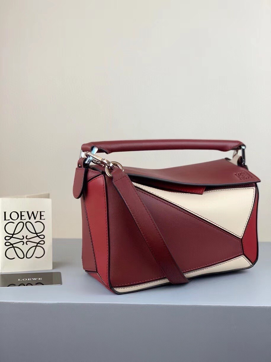 Loewe Small Puzzle Bag In Bordeaux/Garnet/White Calfskin